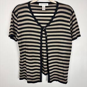Vintage Jones NY 100% Silk Knit Neutral Stripe Short Sleeve Cardigan Top L 90s